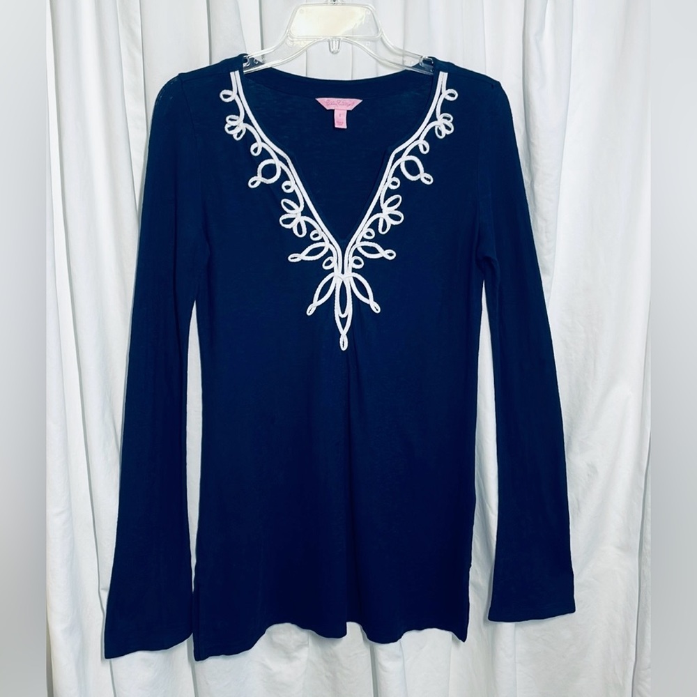 Lilly Pulitzer Westley Tunic Knit Top Swim Coverup Pullover Navy Blue Sz S